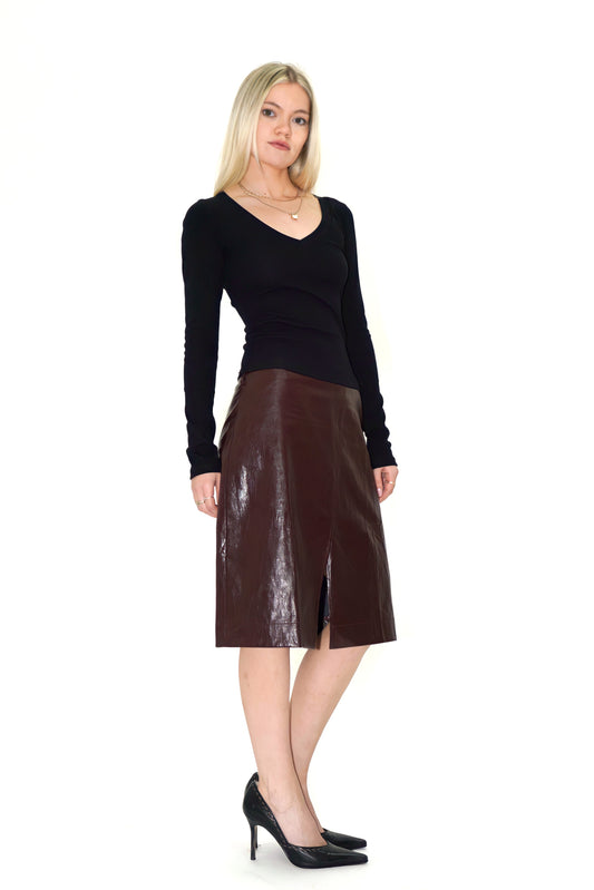 The Front-Slit Leather Midi Skirt